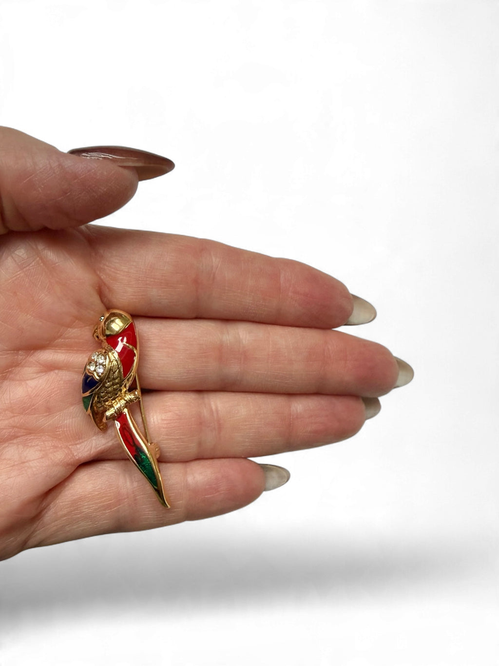 Vintage Attwood and Sawyer Small 22ct Gold Plated & Swarovski Crystal Parrot Brooch (1980s)