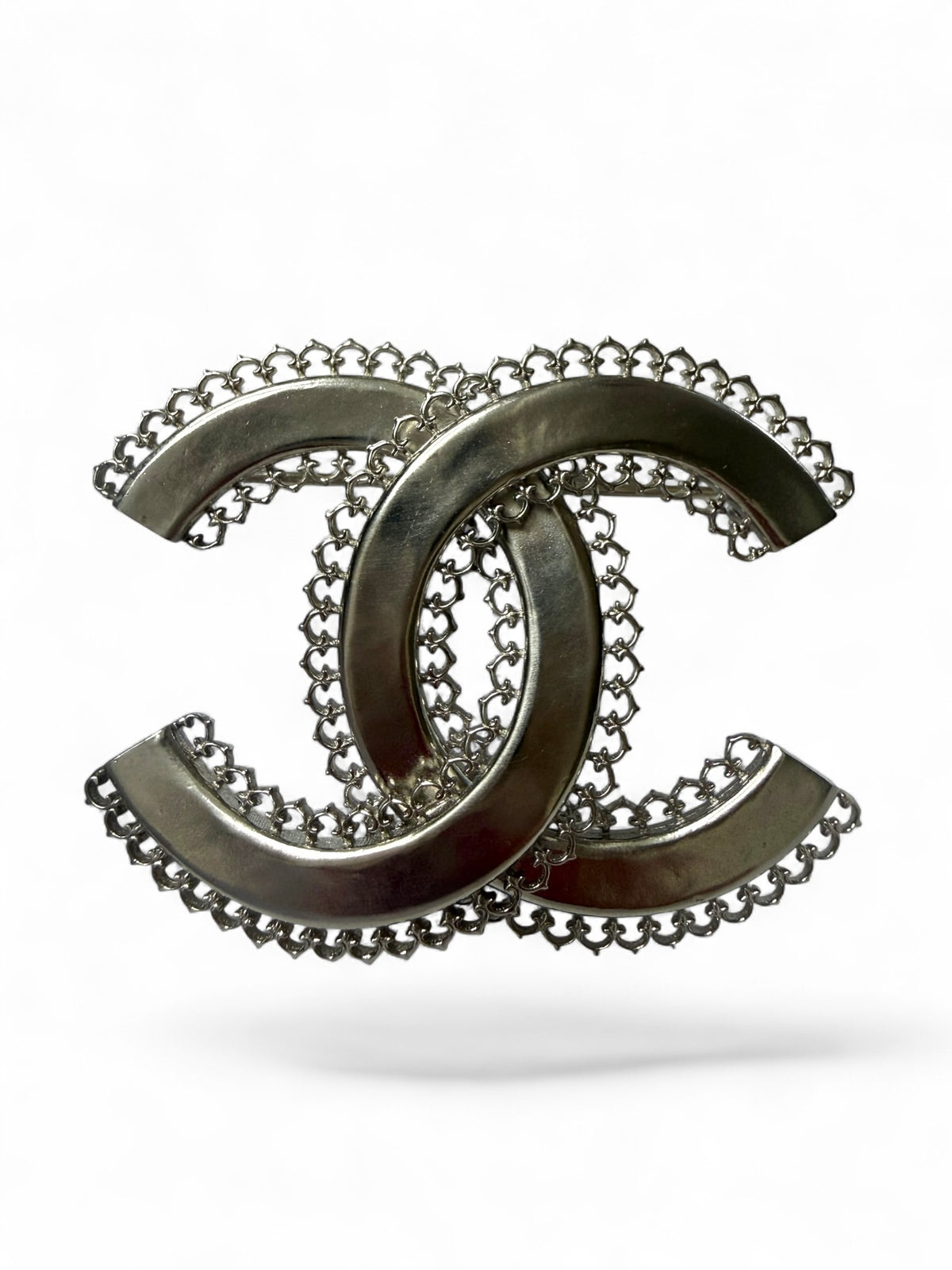 Chanel Silver-Tone Interlocking CC Filigree Brooch, B16, Made in Italy
