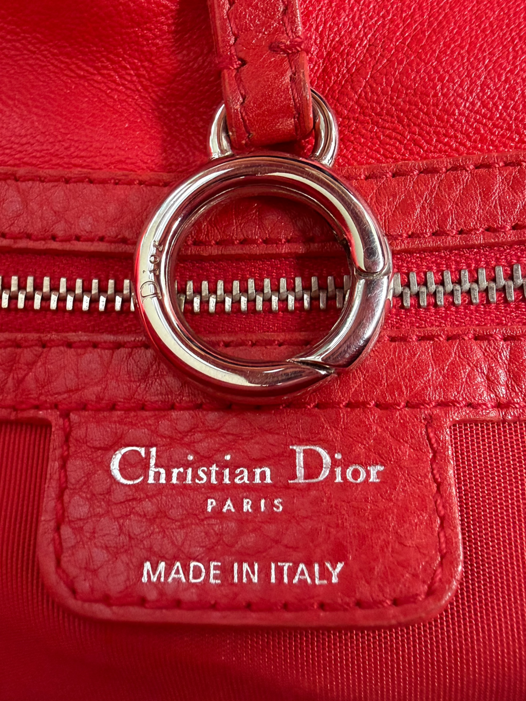 Christian Dior Vintage Red Leather Hobo Handbag with Silver Ring Handles – Made in Italy (2008) + Authenticity Card