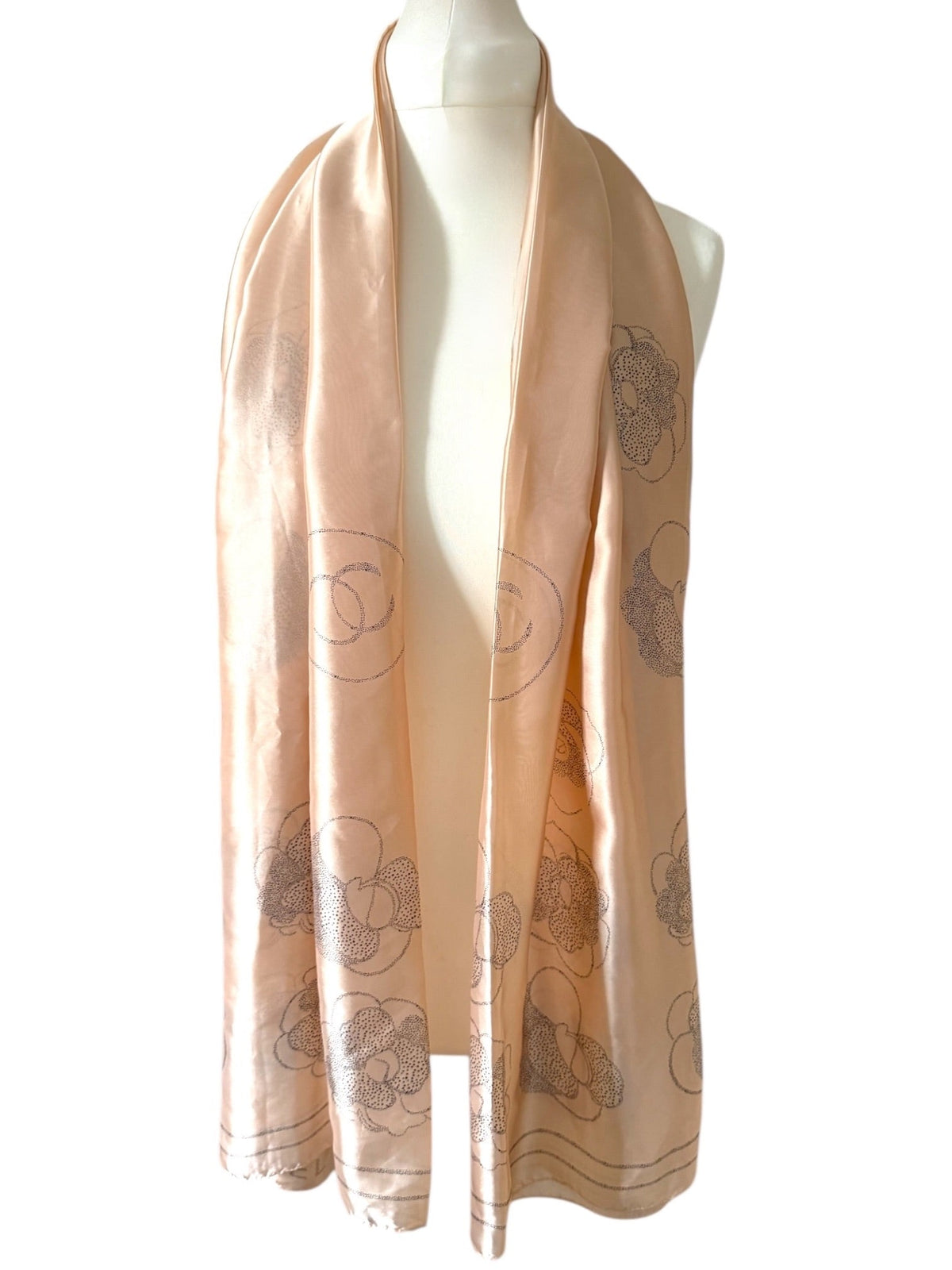 Chanel Long Peach Silk Scarf With Black Camellia Pattern