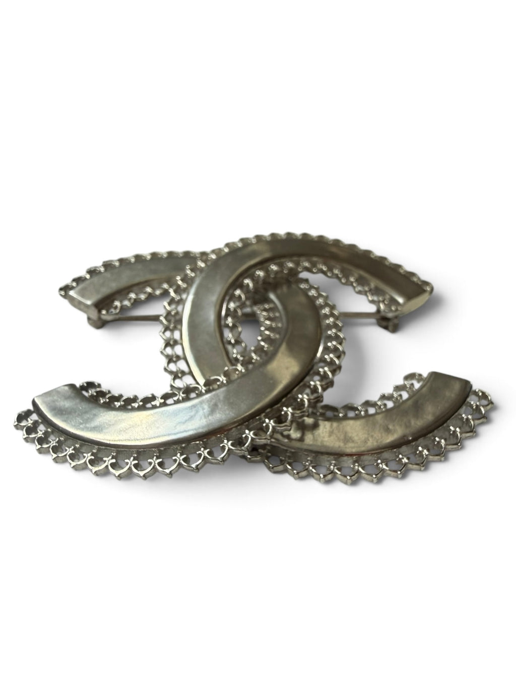 Chanel Silver-Tone Interlocking CC Filigree Brooch, B16, Made in Italy