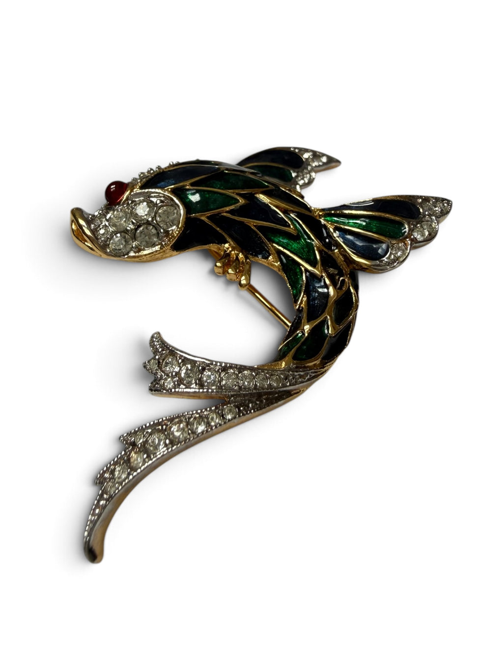 Vintage D’Orlan Gold-Tone Enamel Fish Brooch with Swarovski Crystals