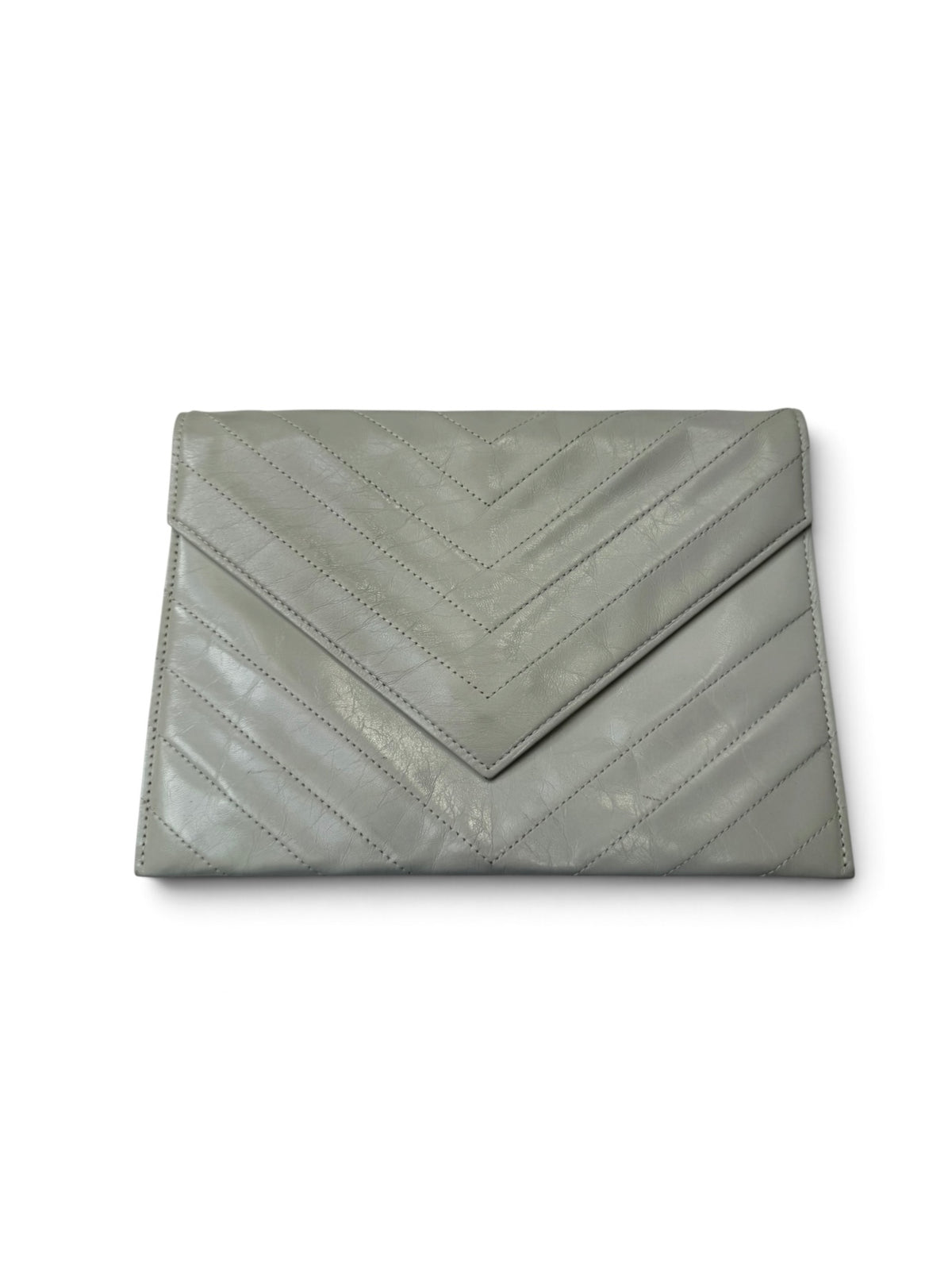 Yves Saint Laurent Pale Grey Chevron Quilted Leather Envelope Clutch, circa 1980s