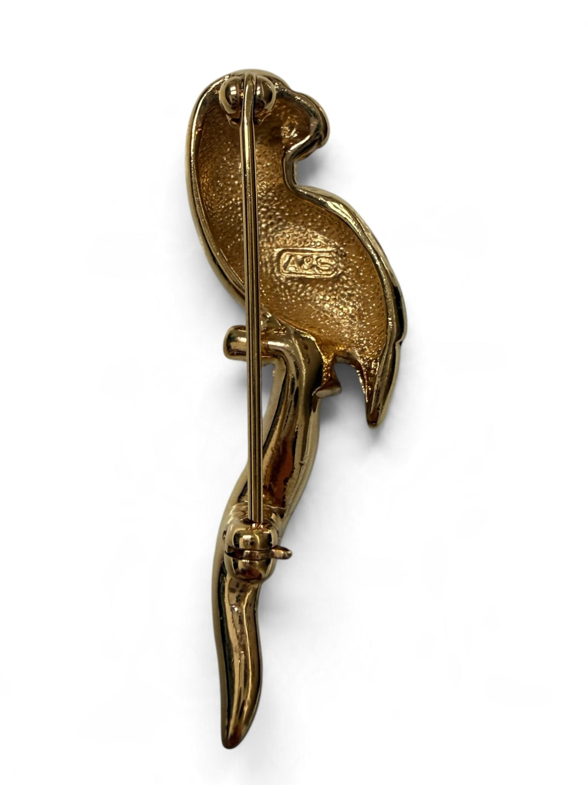 Vintage Attwood and Sawyer Small 22ct Gold Plated & Swarovski Crystal Parrot Brooch (1980s)