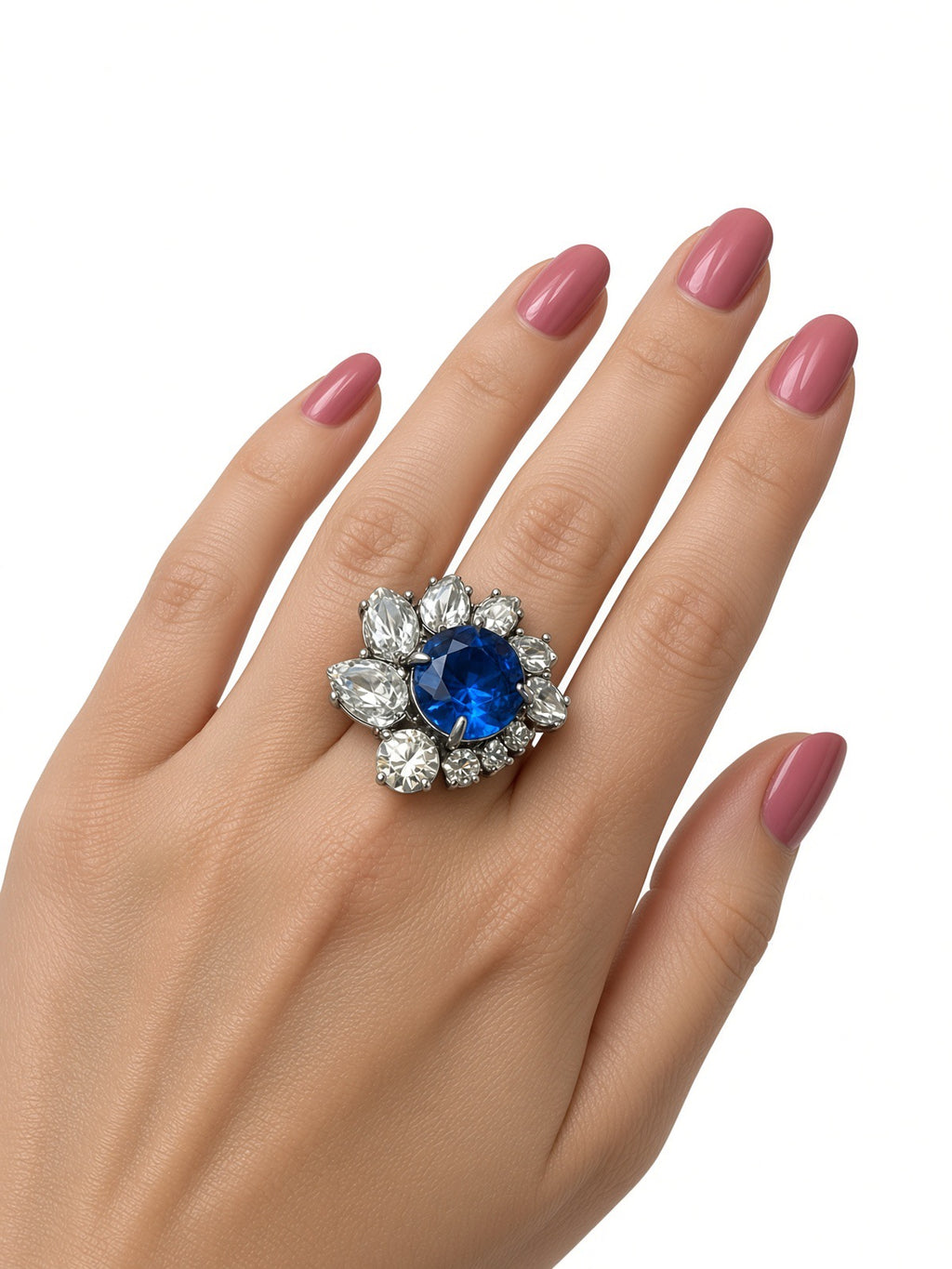 Juicy Couture Royal Blue Crystal Cluster Cocktail Ring – Silver-Tone Clear Marquise Statement Ring