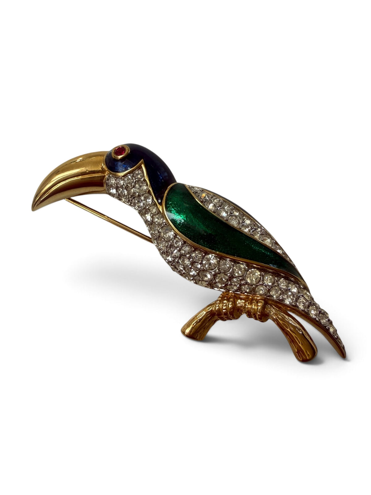 Vintage 1980s D’Orlan Signed 22ct Triple Gold-Plated Enamel & Swarovski Crystal Toucan Bird Brooch