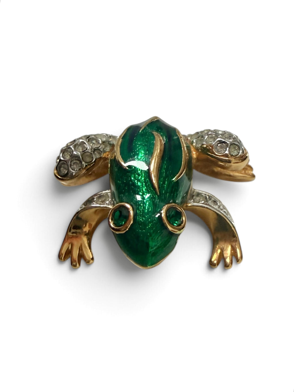 Vintage Attwood and Sawyer 22ct Gold Plated Green Enamel & Swarovski Crystal Frog Brooch (Circa 1980s–1990s)