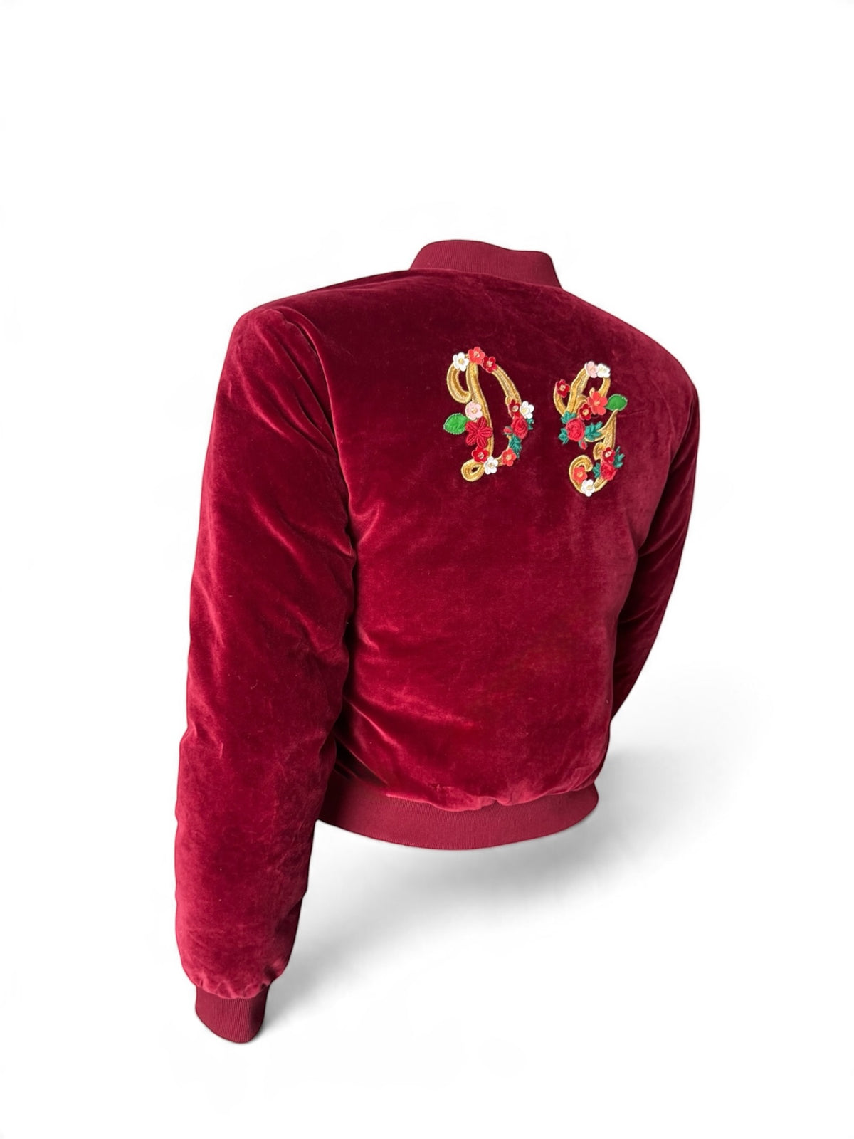 Dolce & Gabbana Red Velvet Bomber Jacket: Floral Embroidery, Leopard Lining (Made in Italy)