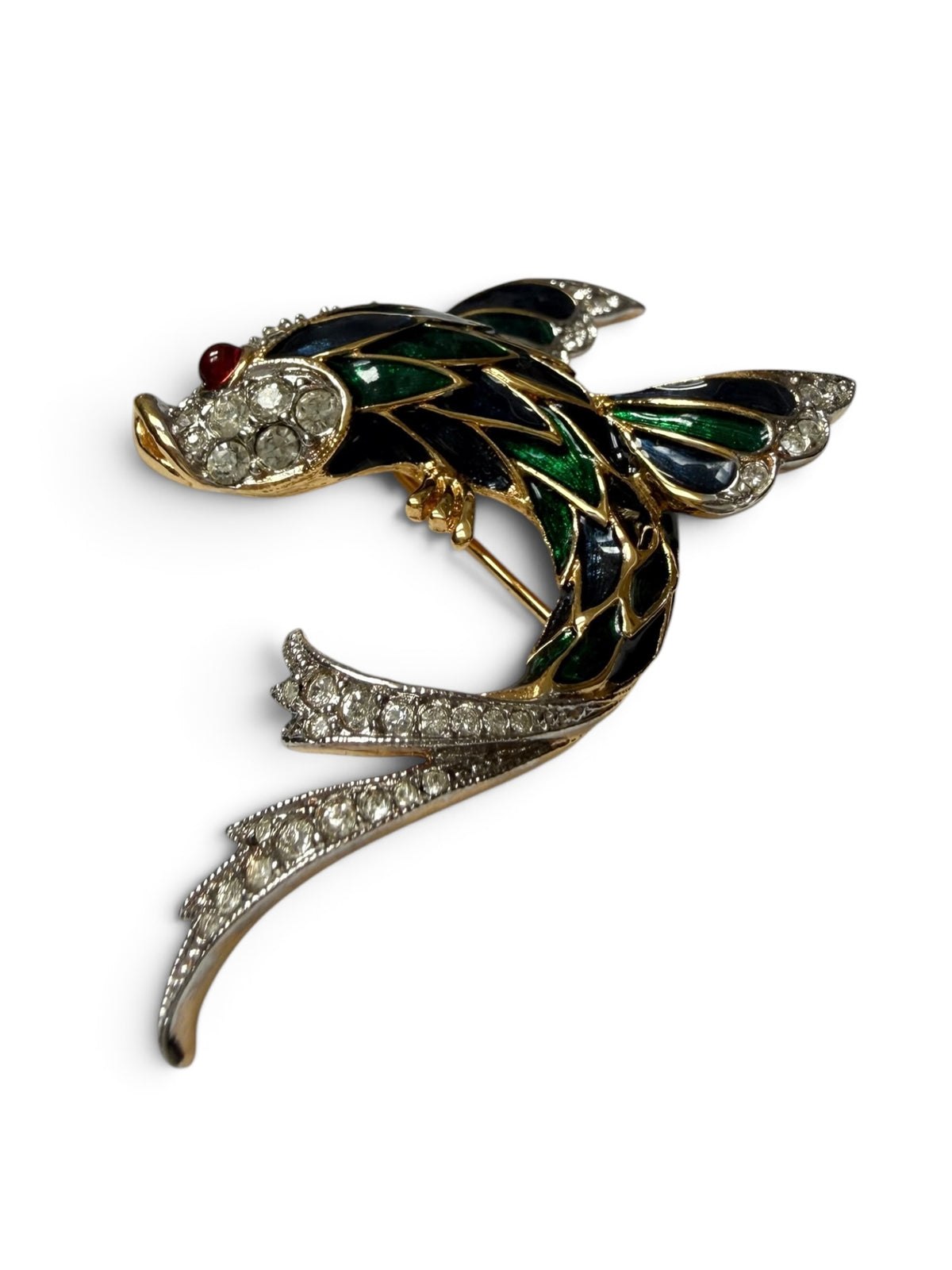 Vintage D’Orlan Gold-Tone Enamel Fish Brooch with Swarovski Crystals
