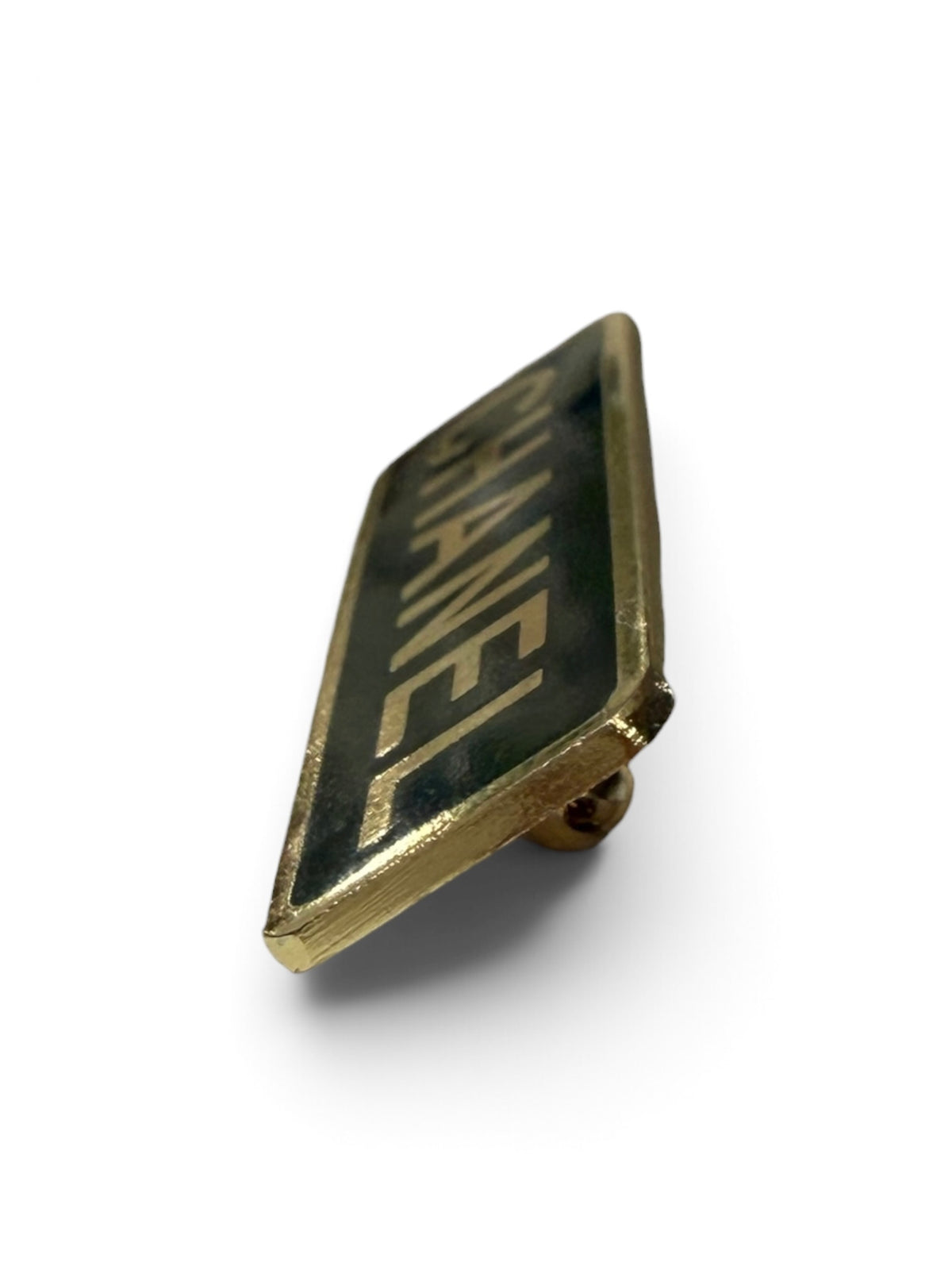Vintage Chanel Employee Uniform Pin Brooch – Black Enamel with Gold “CHANEL”