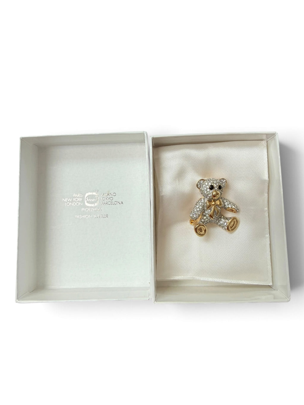 Sparkling Vintage Grossé Crystal Teddy Bear Brooch with Original Box