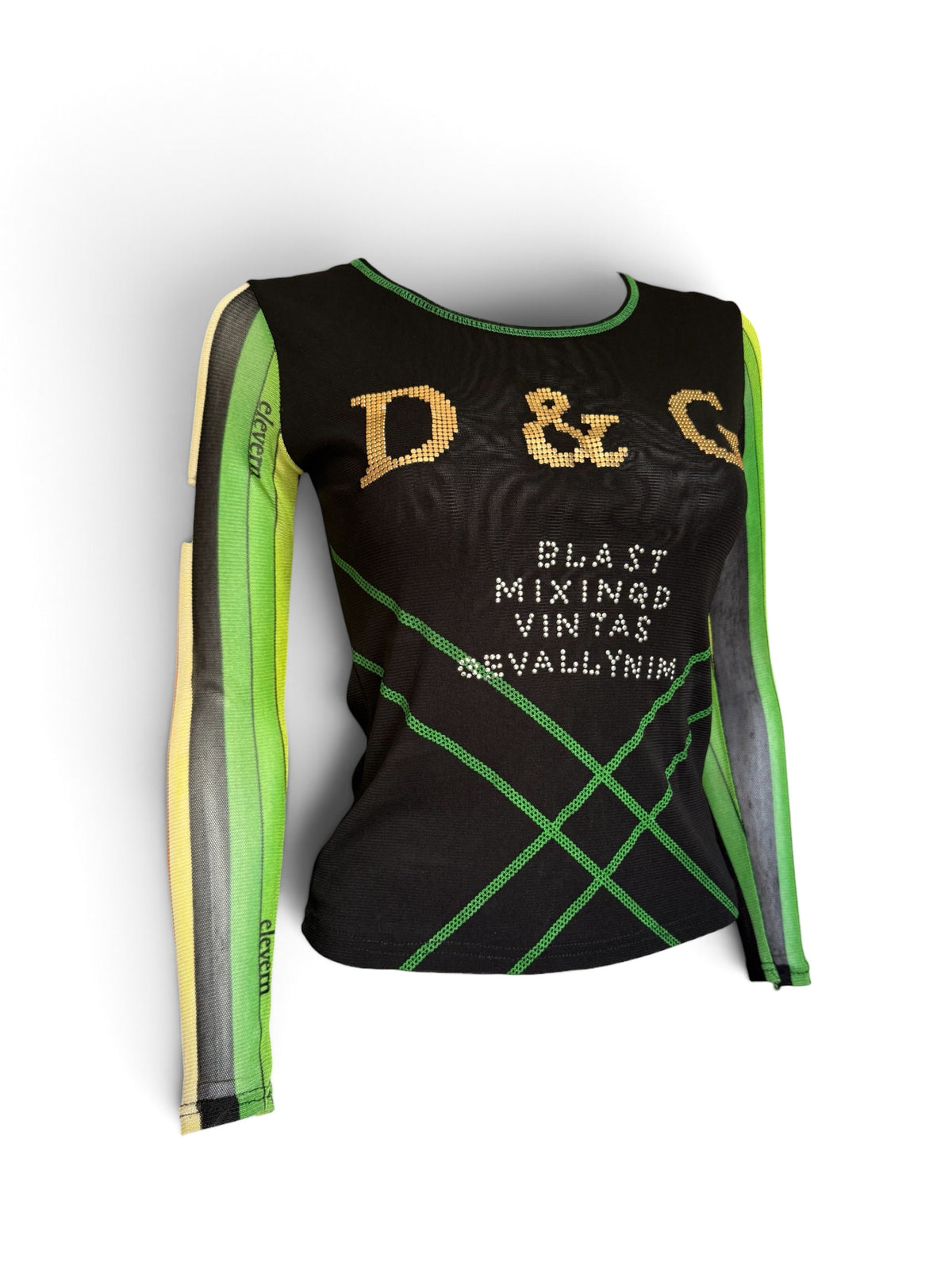 Dolce & Gabbana Black Mesh Long Sleeve Top UK Size 8/10 with Gold Studded D&G Logo and Silver Stud Text