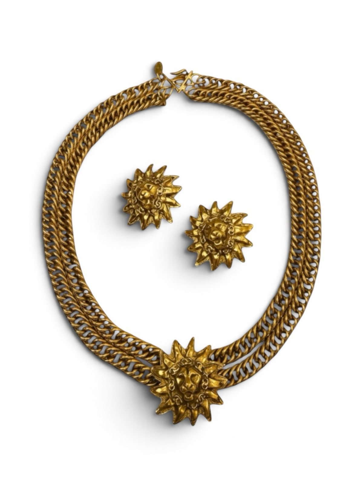 Chanel Gold Lion Head Sunburst Choker Necklace and Clip-on Earrings Set