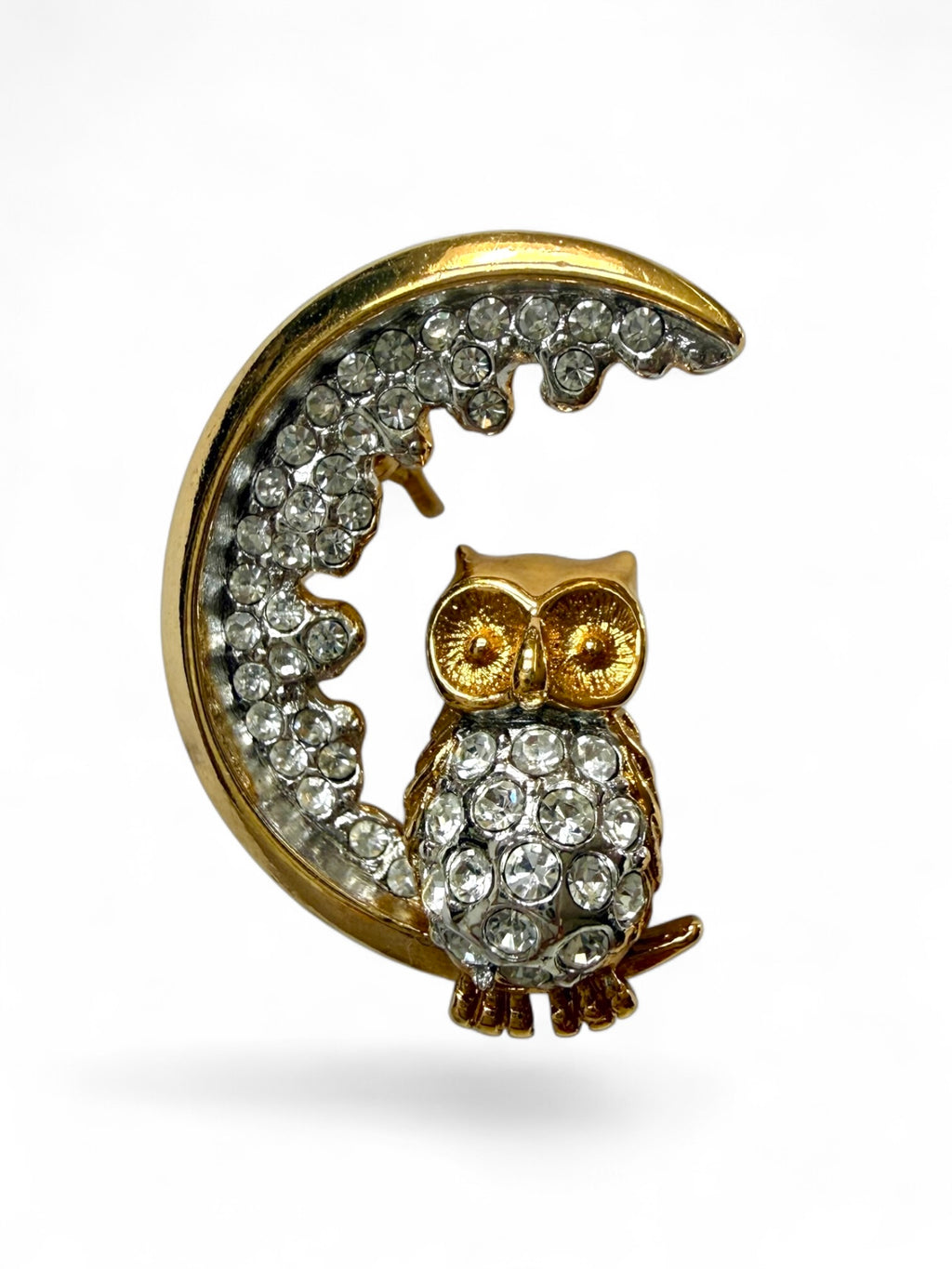 Vintage Attwood & Sawyer A&S Owl on Crescent Moon Brooch | 22ct Gold Plate & Pavé Swarovski Crystals