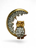 Vintage Attwood & Sawyer A&S Owl on Crescent Moon Brooch | 22ct Gold Plate & Pavé Swarovski Crystals