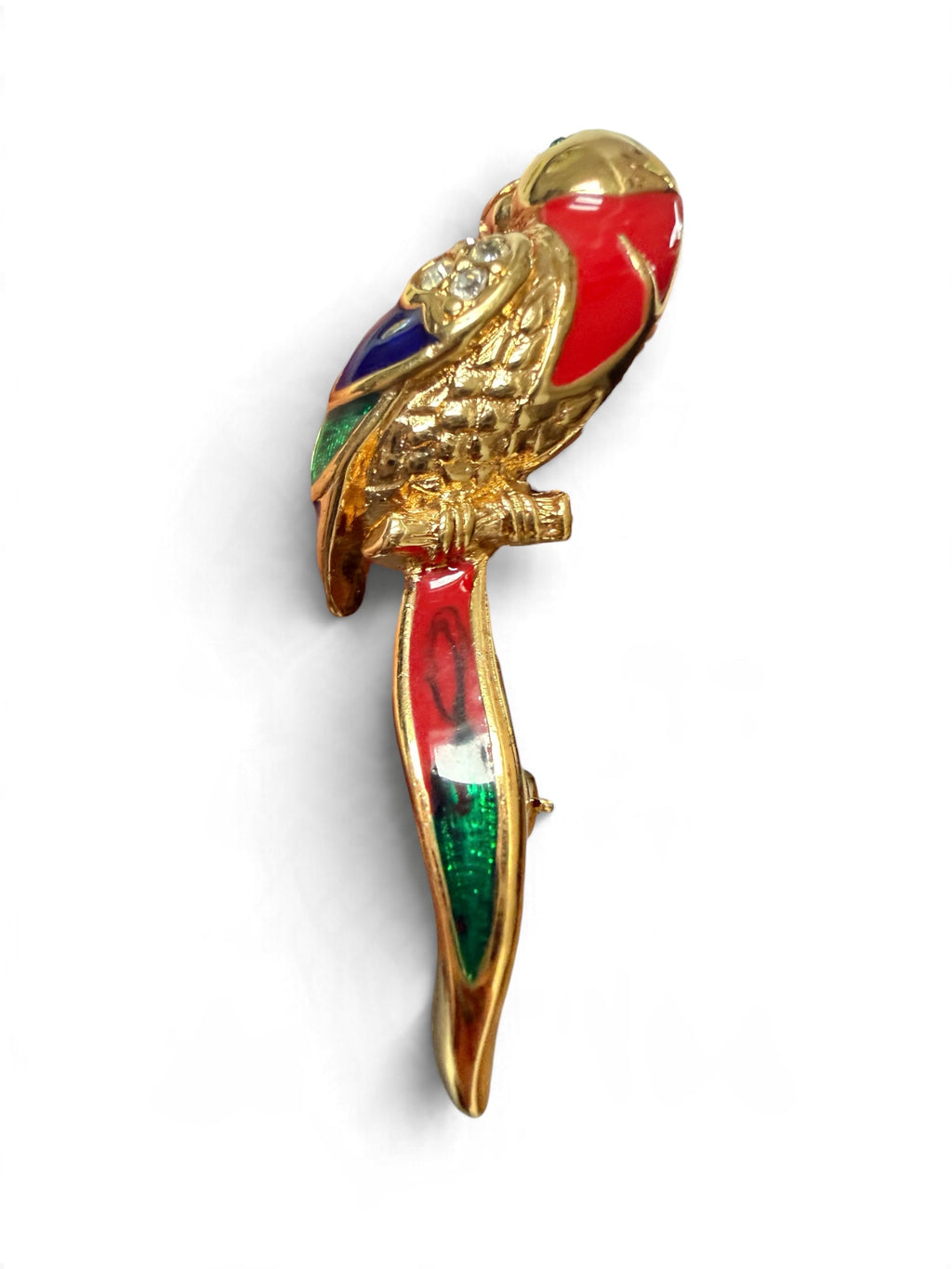 Vintage Attwood and Sawyer Small 22ct Gold Plated & Swarovski Crystal Parrot Brooch (1980s)