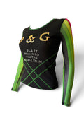 Dolce & Gabbana Black Mesh Long Sleeve Top UK Size 8/10 with Gold Studded D&G Logo and Silver Stud Text