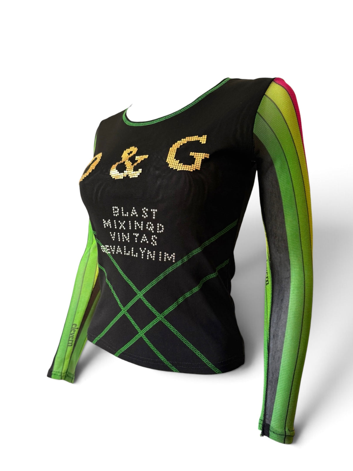 Dolce & Gabbana Black Mesh Long Sleeve Top UK Size 8/10 with Gold Studded D&G Logo and Silver Stud Text