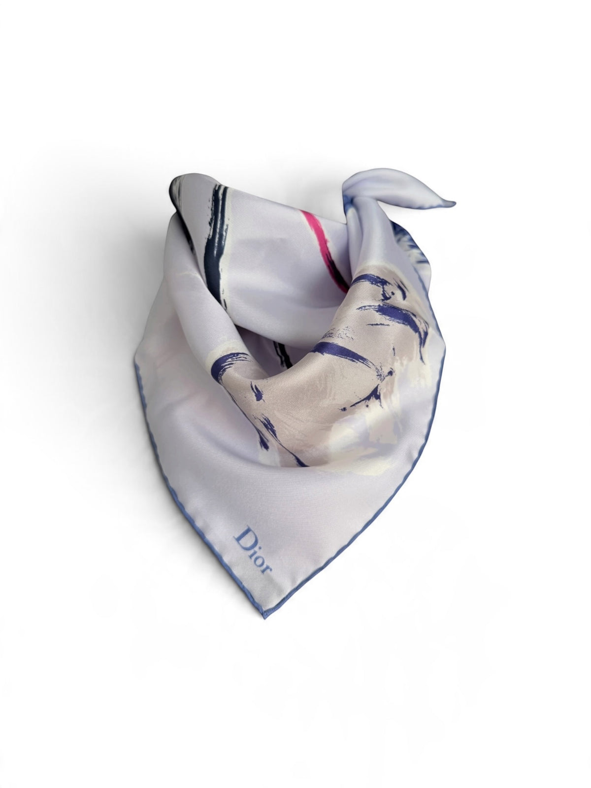 Christian Dior Abstract Floral Brushstroke Silk Scarf – 55 x 55 cm | Navy Blue, Pink & Cream
