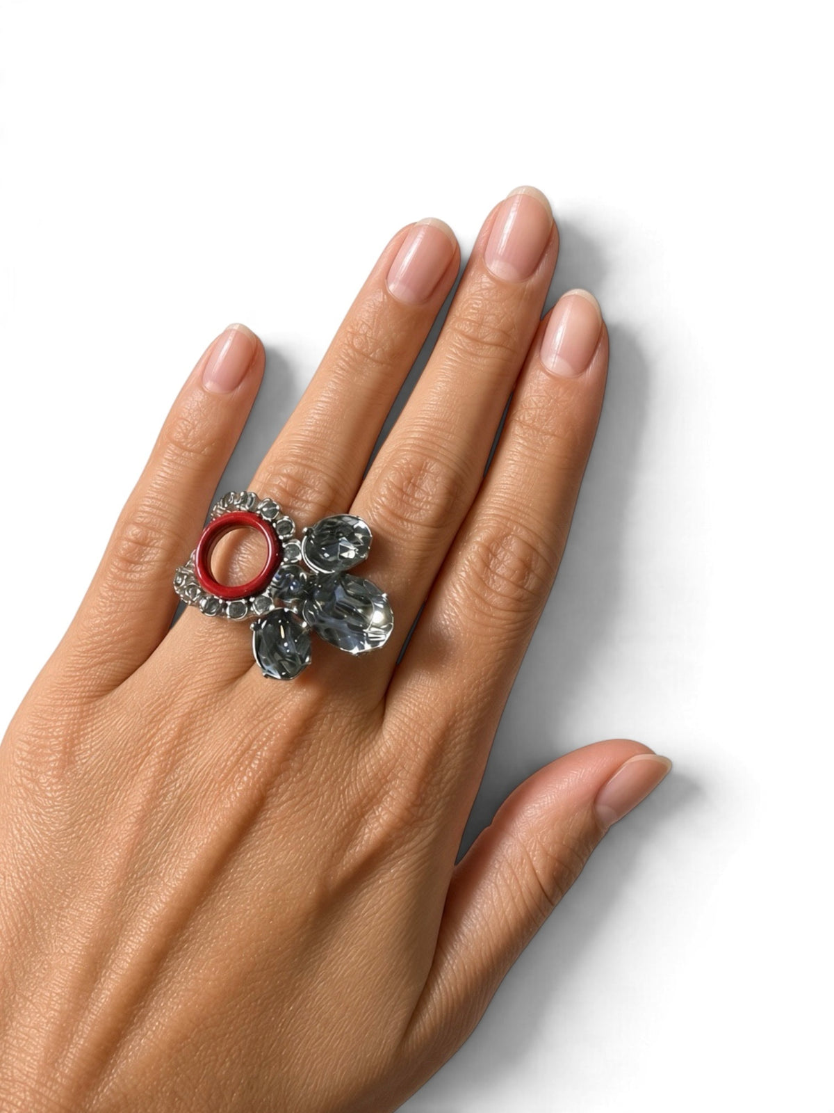 Vintage Christian Dior Red Enamel Crystal Cluster Statement Ring – Size N