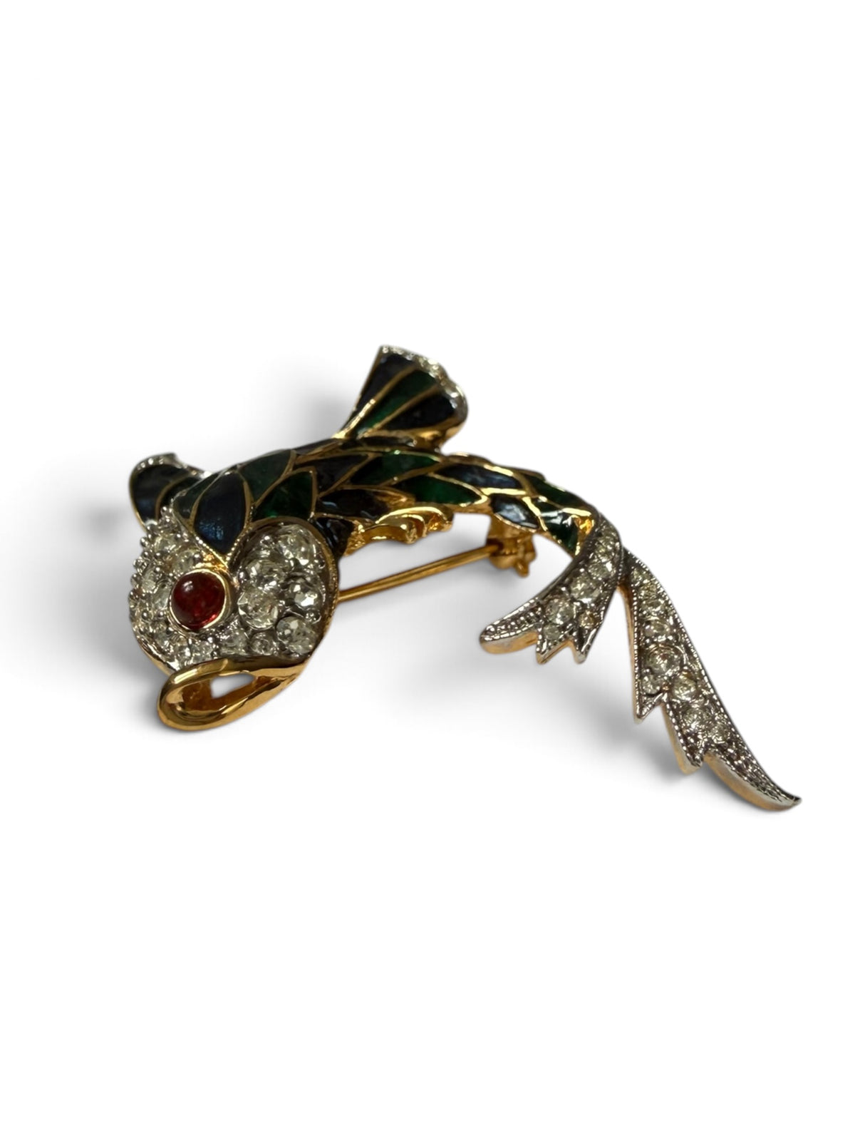 Vintage D’Orlan Gold-Tone Enamel Fish Brooch with Swarovski Crystals