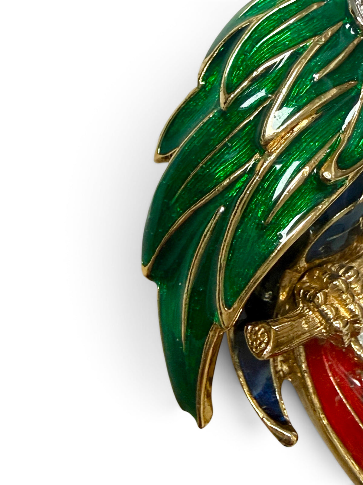 Vintage Attwood & Sawyer Parrot Brooch – 22ct Gold-Plated Enamel & Crystal