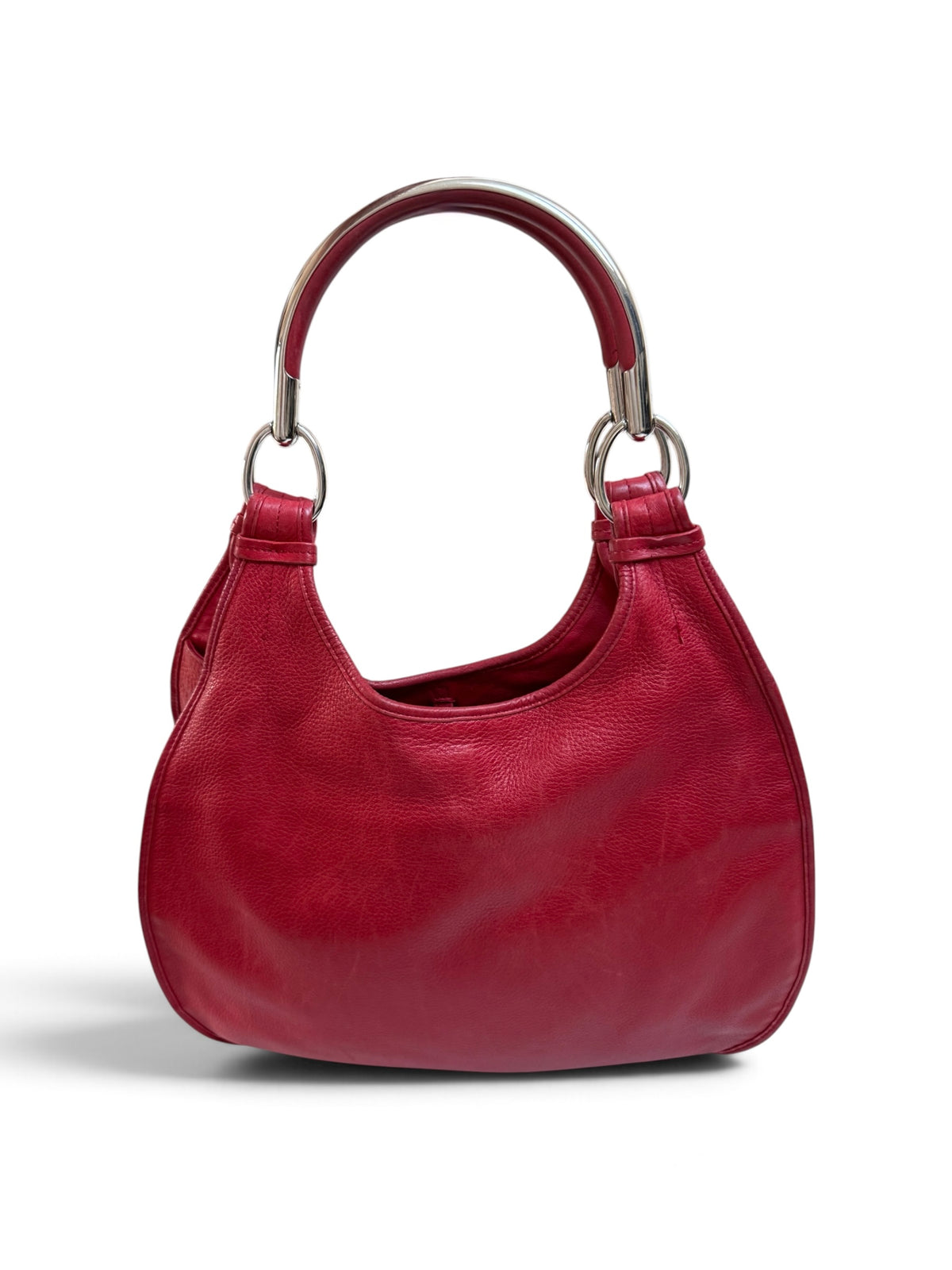 Christian Dior Vintage Red Leather Hobo Handbag with Silver Ring Handles – Made in Italy (2008) + Authenticity Card