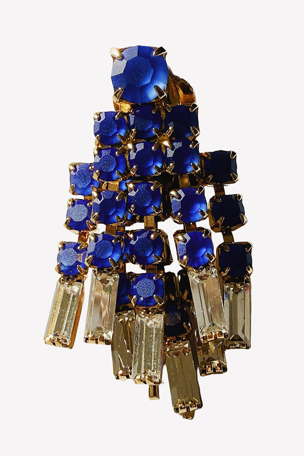 Poggi of Paris Blue and White Crystal Tassel Clip-On Earrings