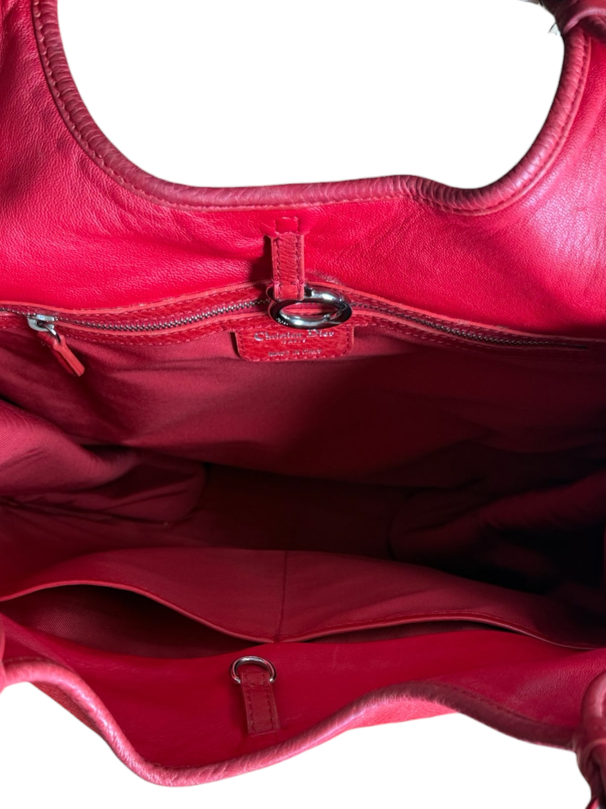 Christian Dior Vintage Red Leather Hobo Handbag with Silver Ring Handles – Made in Italy (2008) + Authenticity Card