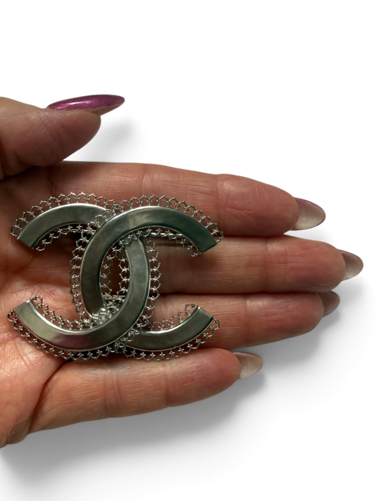 Chanel Silver-Tone Interlocking CC Filigree Brooch, B16, Made in Italy