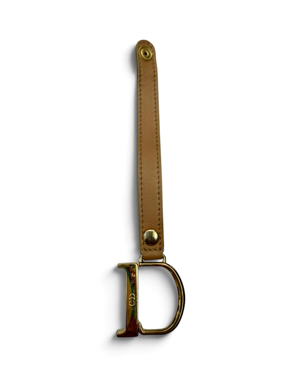Vintage Christian Dior Gold “D” Logo Charm with Tan Leather Strap – Bag Charm / Keychain
