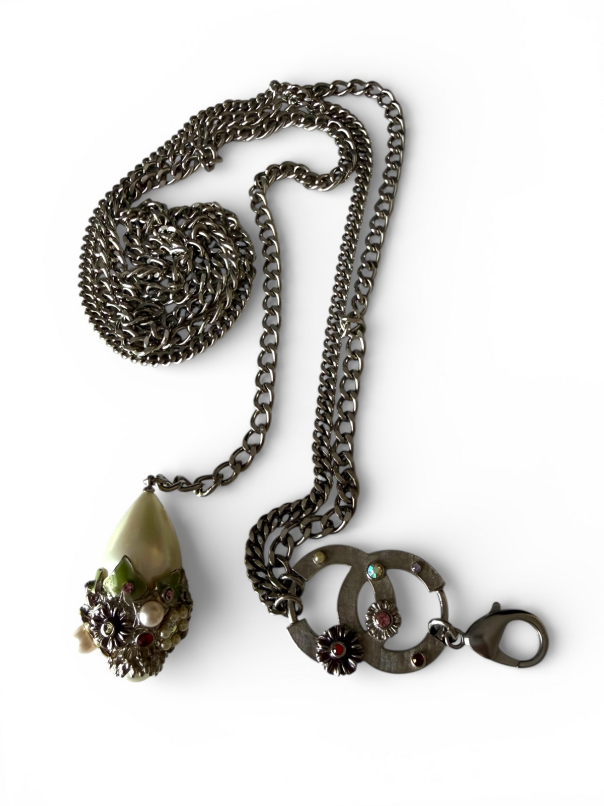 Vintage Chanel Silver-Tone Floral Pearl & Crystal CC Necklace, Spring 2005