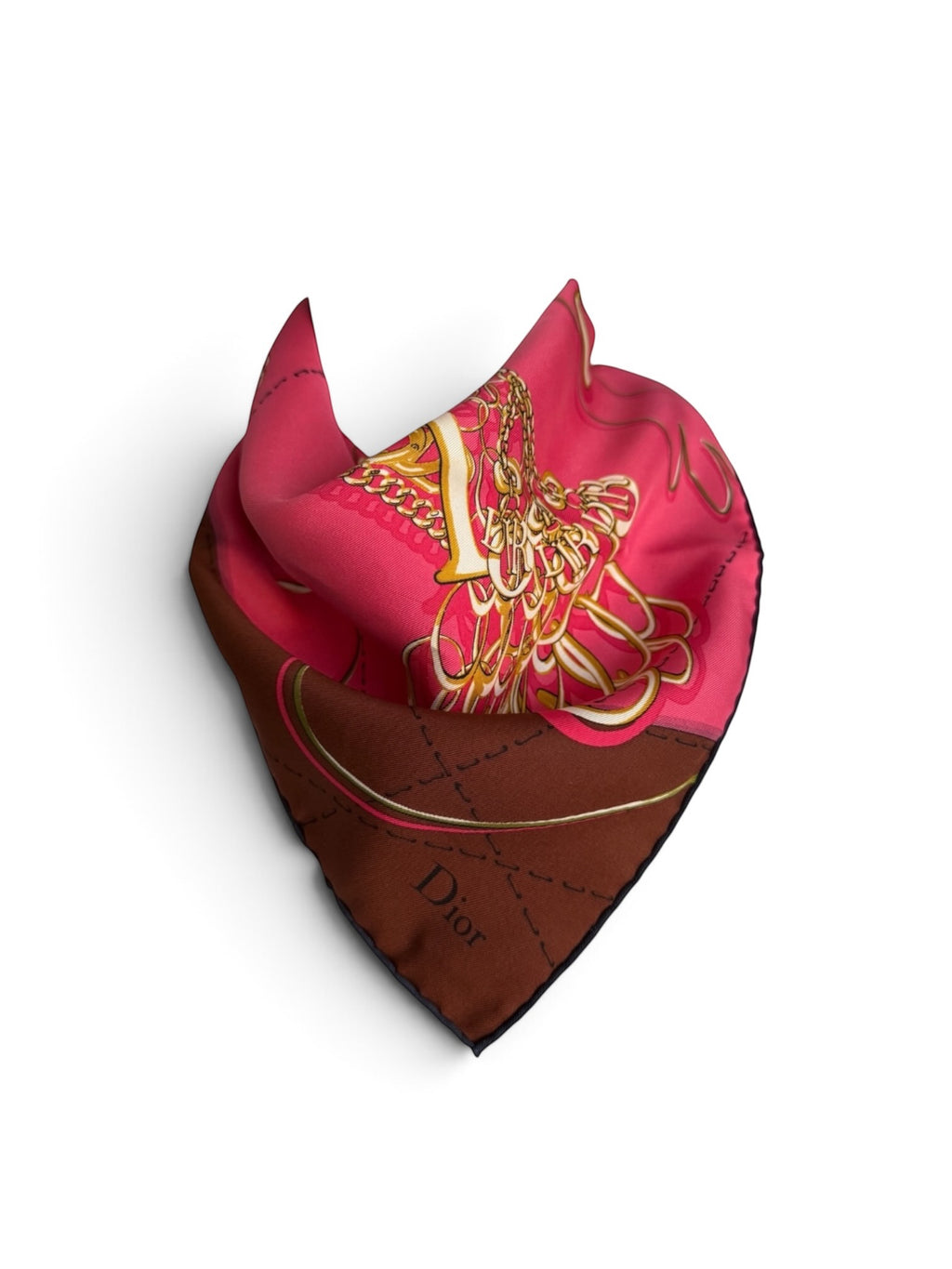 Christian Dior Pink Silk Scarf 55 x 55cm with Gold Jewellery Chain Motif – Made in Italy