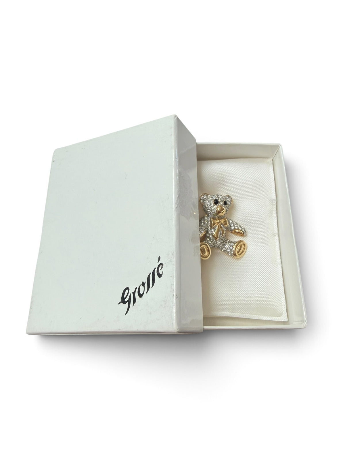 Sparkling Vintage Grossé Crystal Teddy Bear Brooch with Original Box