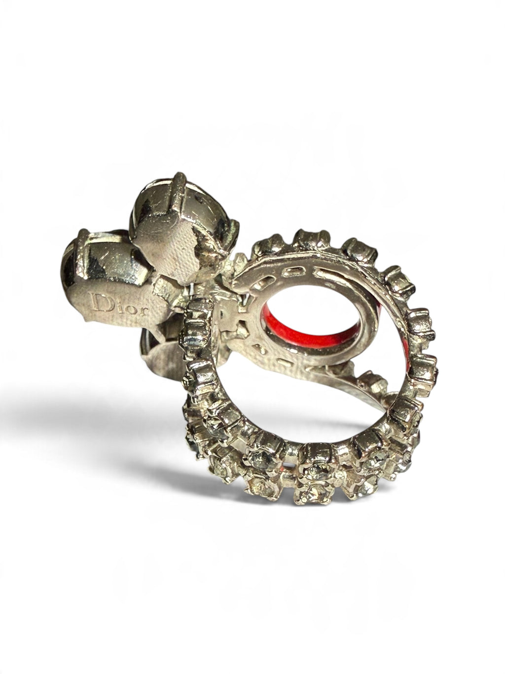 Vintage Christian Dior Red Enamel Crystal Cluster Statement Ring – Size N