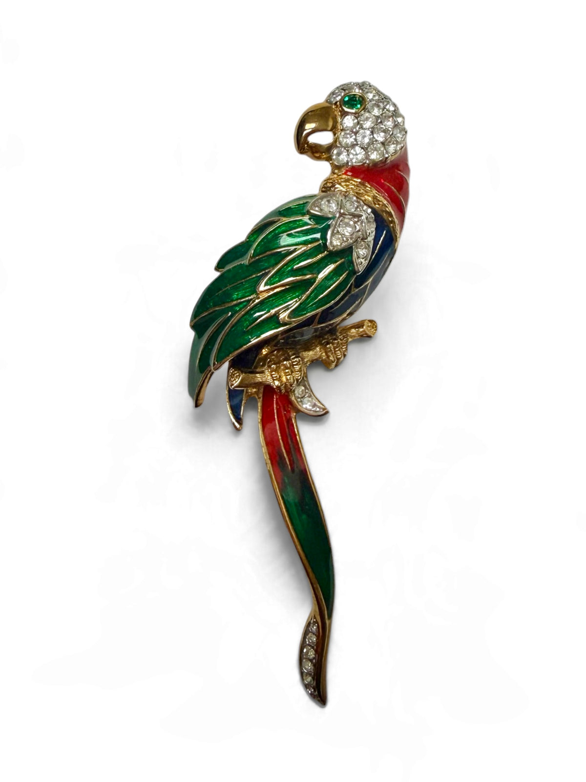 Vintage Attwood & Sawyer Parrot Brooch – 22ct Gold-Plated Enamel & Crystal