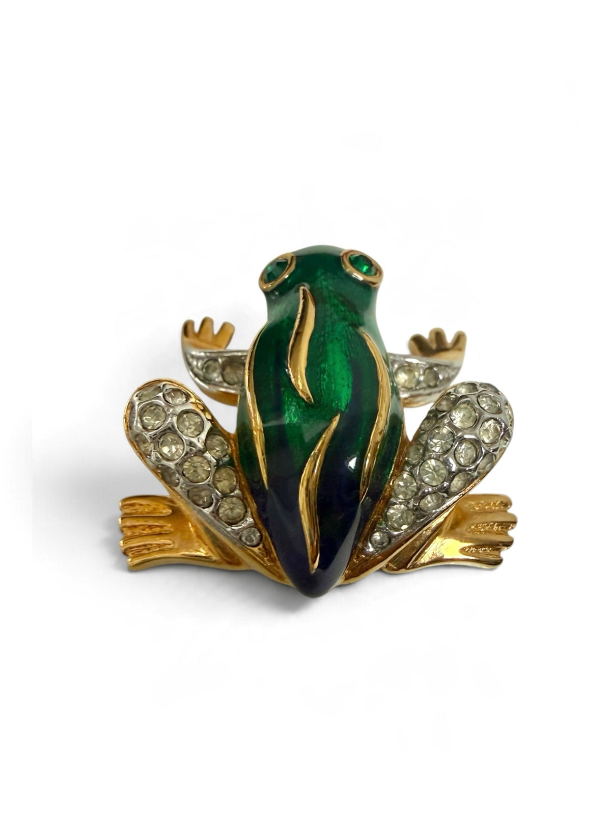 Vintage Attwood and Sawyer 22ct Gold Plated Green Enamel & Swarovski Crystal Frog Brooch (Circa 1980s–1990s)