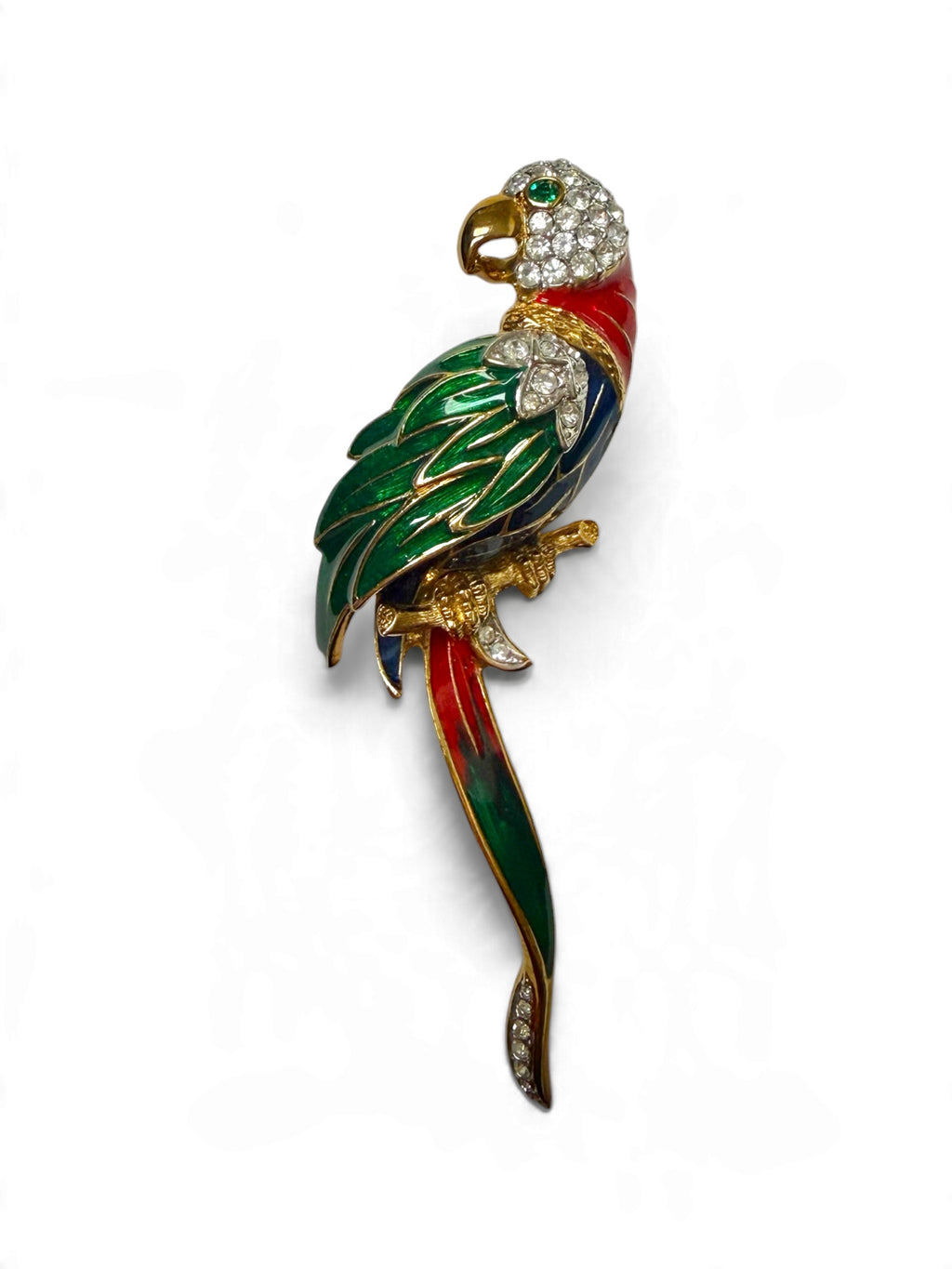 Vintage Attwood & Sawyer Parrot Brooch – 22ct Gold-Plated Enamel & Crystal
