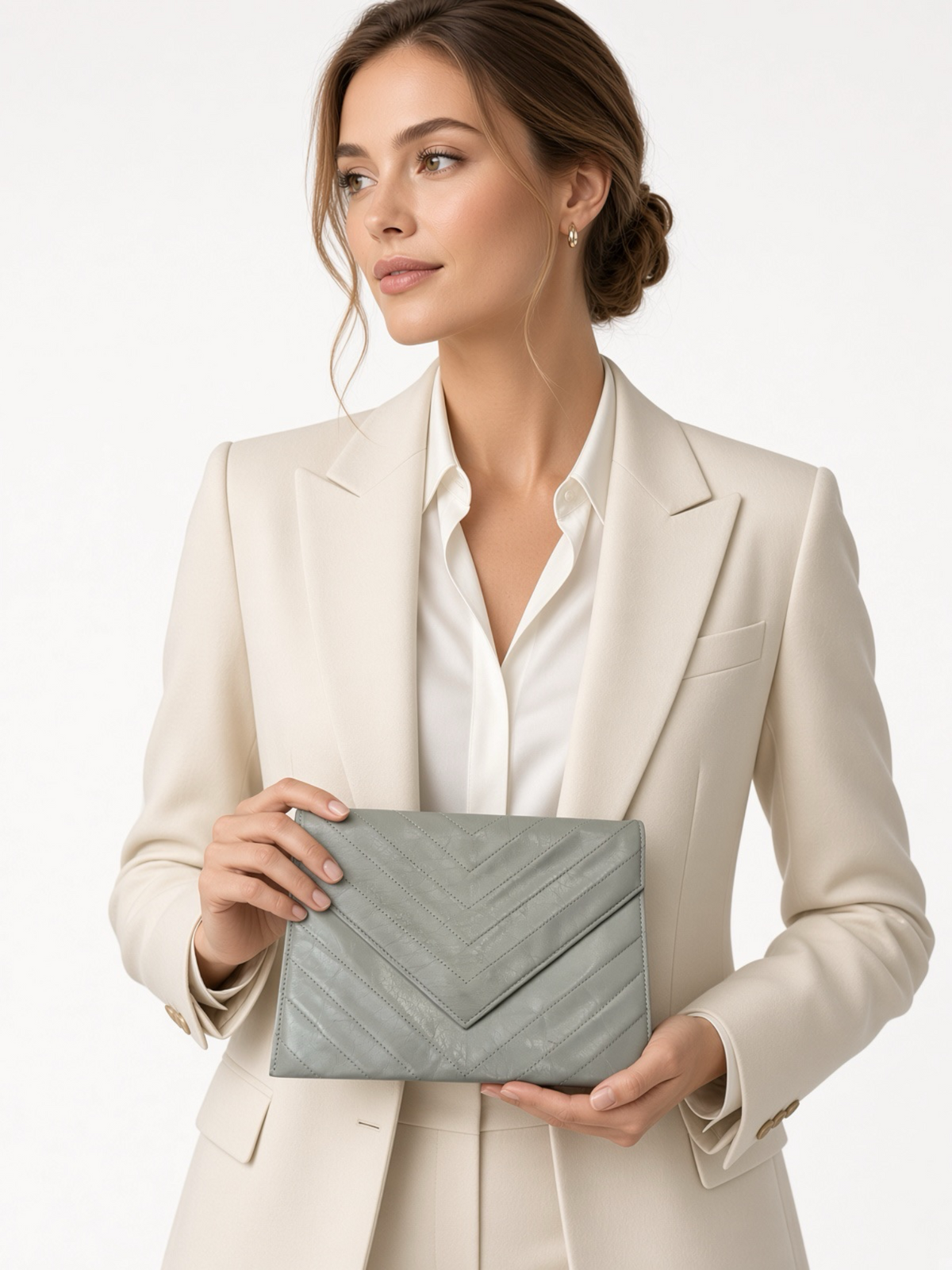 Yves Saint Laurent Pale Grey Chevron Quilted Leather Envelope Clutch, circa 1980s