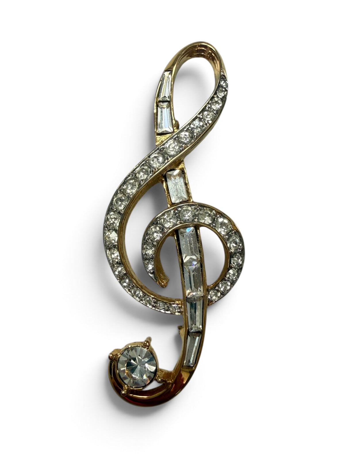 Vintage D’Orlan Treble Clef Brooch | Signed Gold Tone Crystal Music Pin