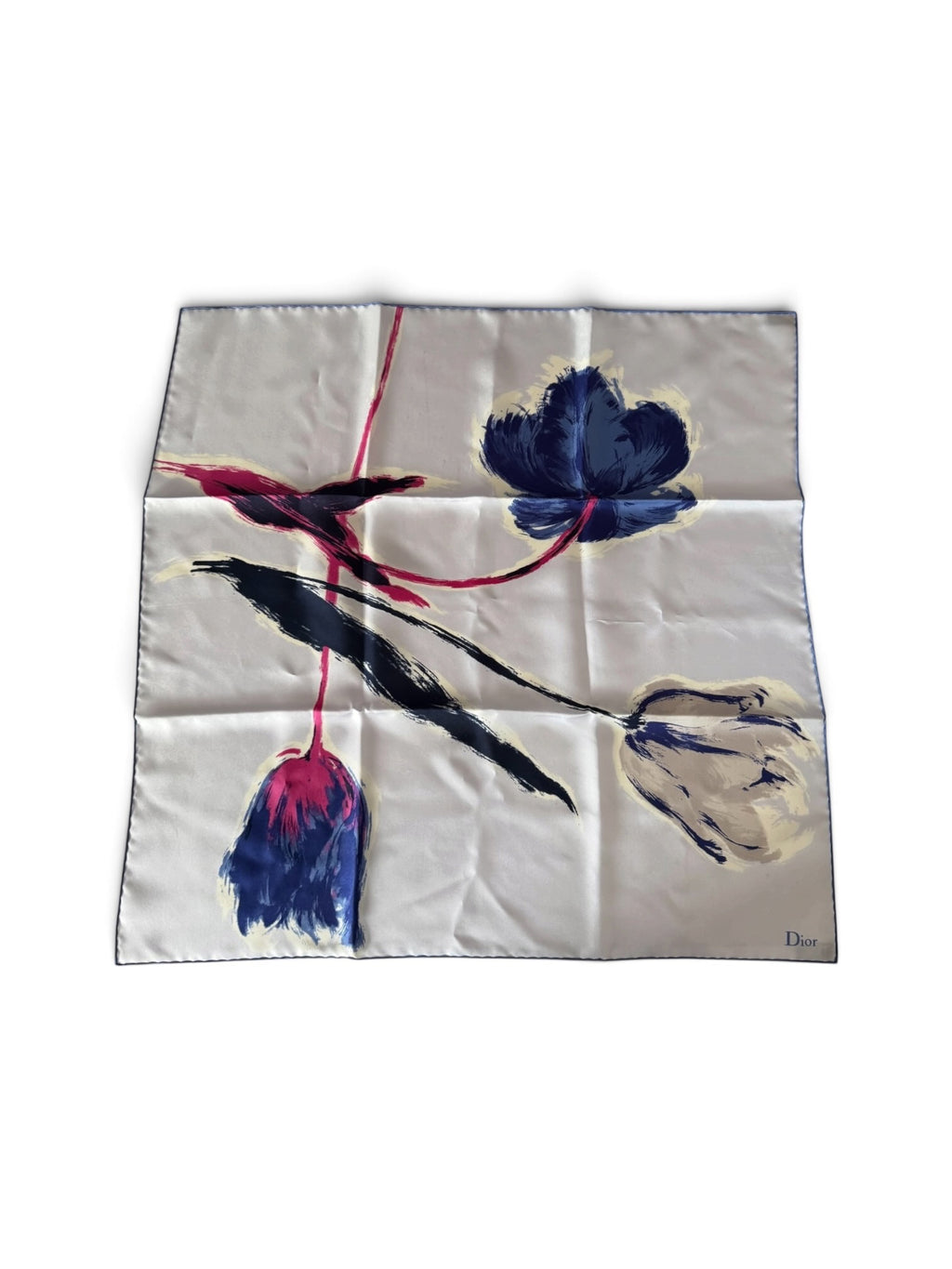 Christian Dior Abstract Floral Brushstroke Silk Scarf – 55 x 55 cm | Navy Blue, Pink & Cream