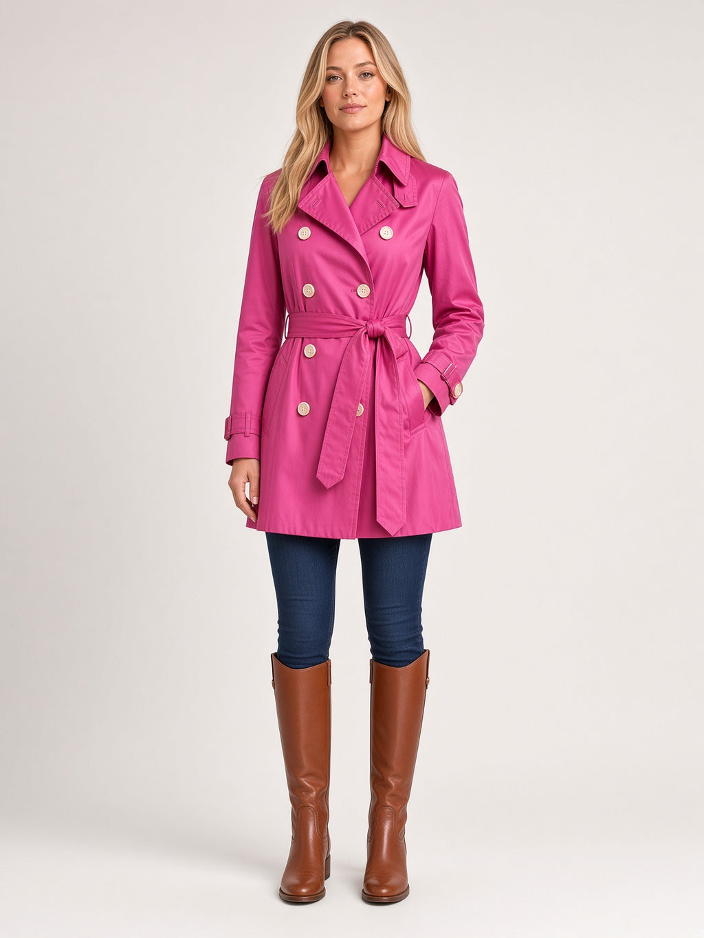Lauren by Ralph Lauren Women’s Hot Pink Double-Breasted Trench Coat with Belt, Size M