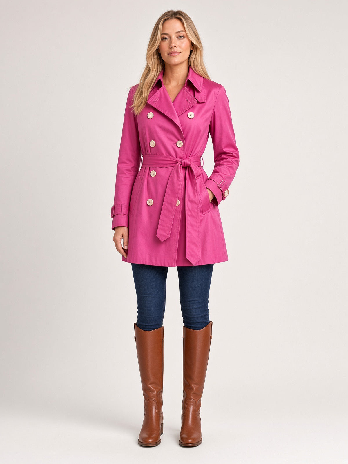 Lauren by Ralph Lauren Women’s Hot Pink Double-Breasted Trench Coat with Belt, Size M