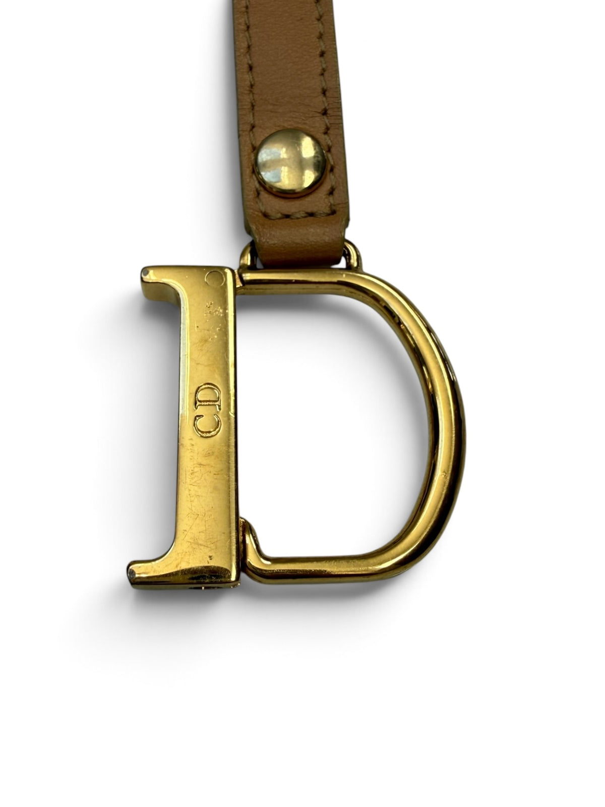 Vintage Christian Dior Gold “D” Logo Charm with Tan Leather Strap – Bag Charm / Keychain