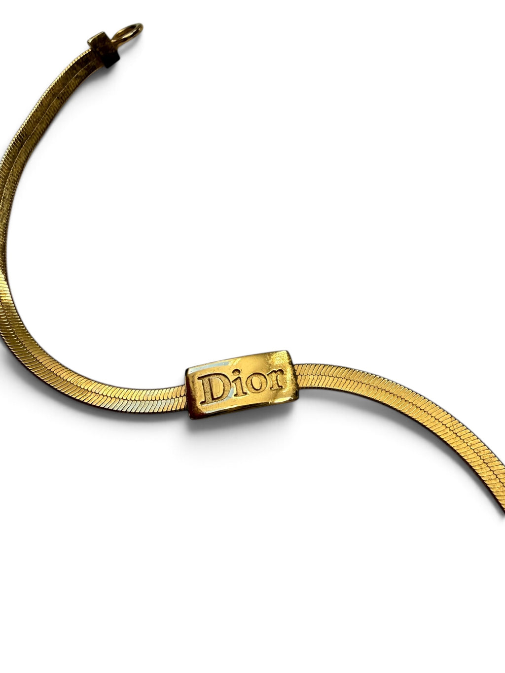 Vintage Christian Dior Bracelet, 1990s Gold Snake Chain with Logo Plaque