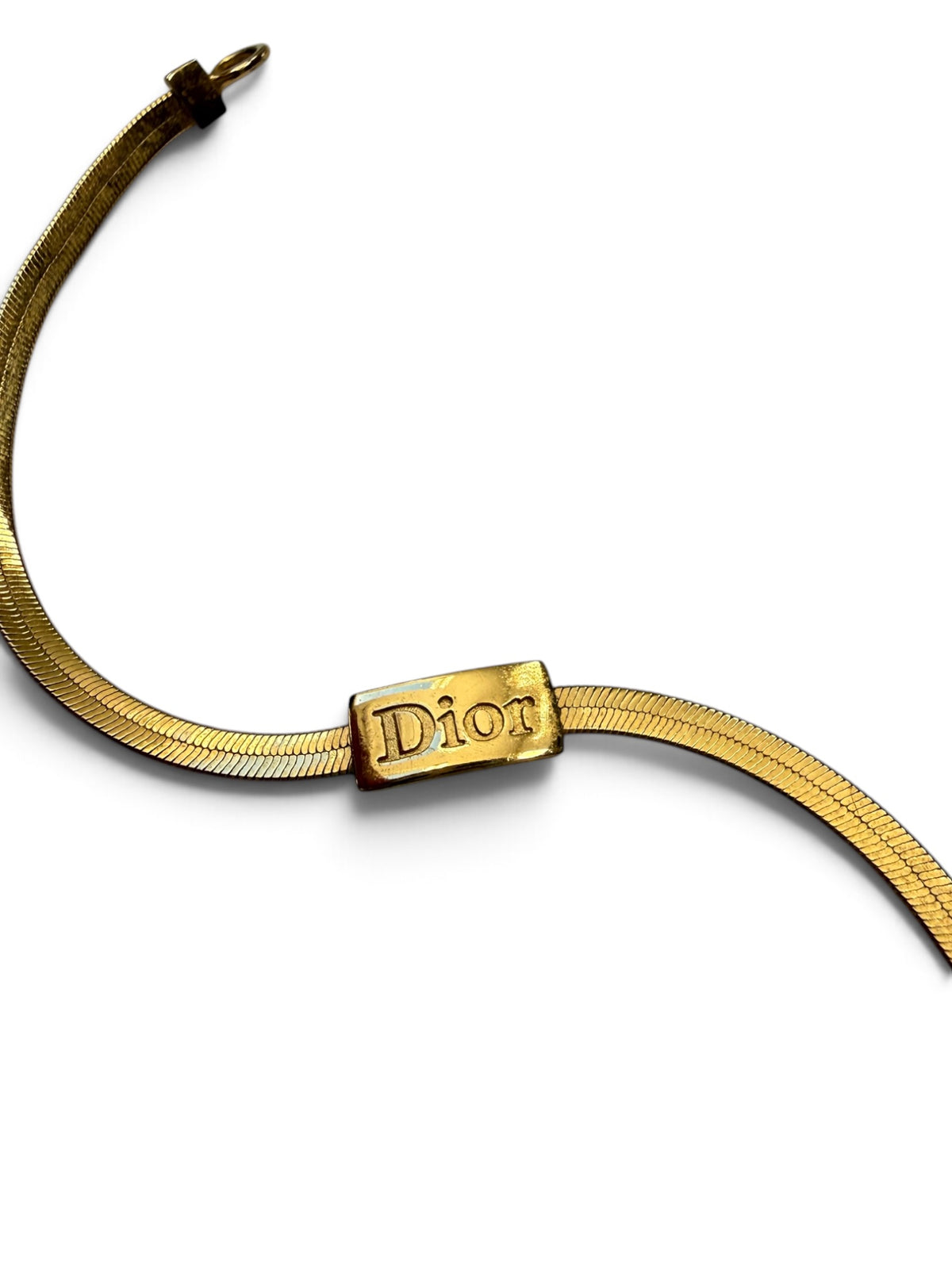 Vintage Christian Dior Bracelet, 1990s Gold Snake Chain with Logo Plaque