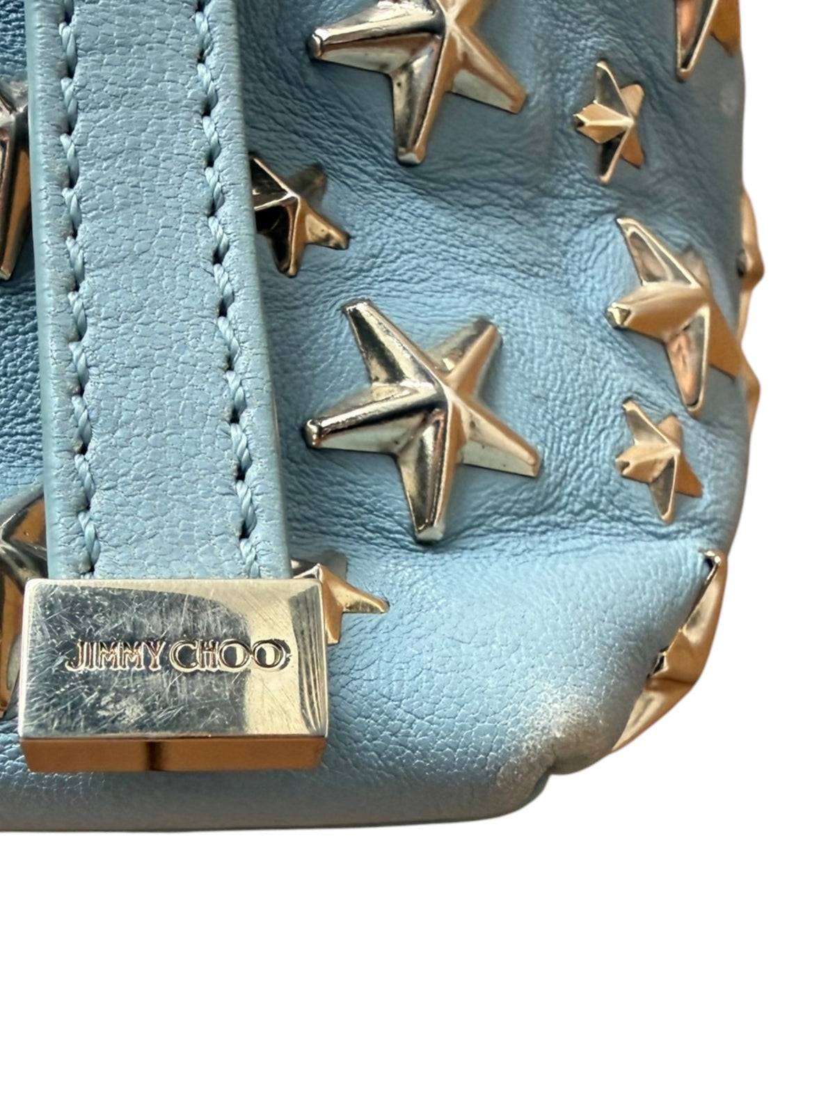 Jimmy Choo Sasha Powder Blue Leather Tote, Gold Star Studs, Made in Italy, circa 2016–2017
