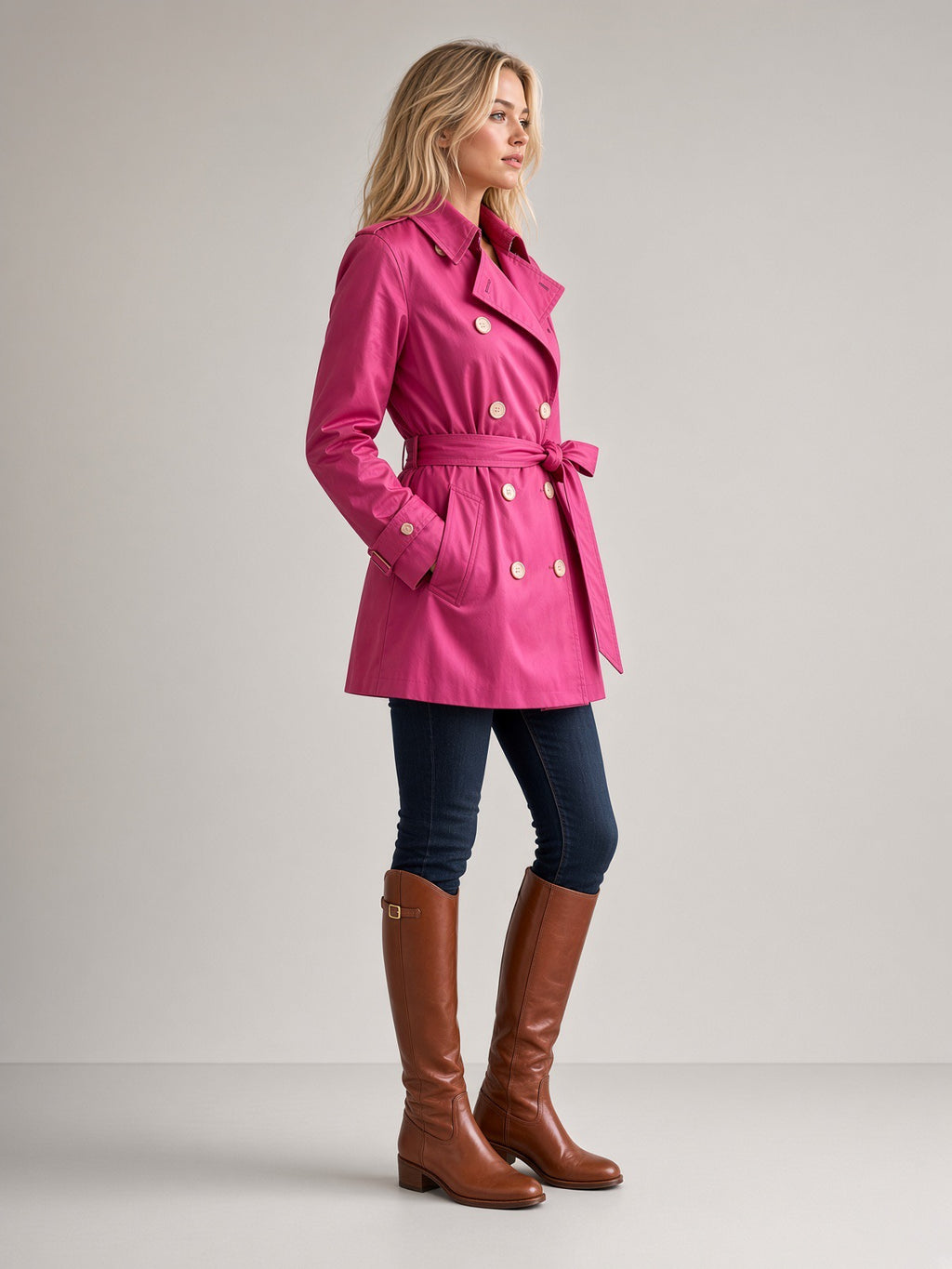 Lauren by Ralph Lauren Women’s Hot Pink Double-Breasted Trench Coat with Belt, Size M