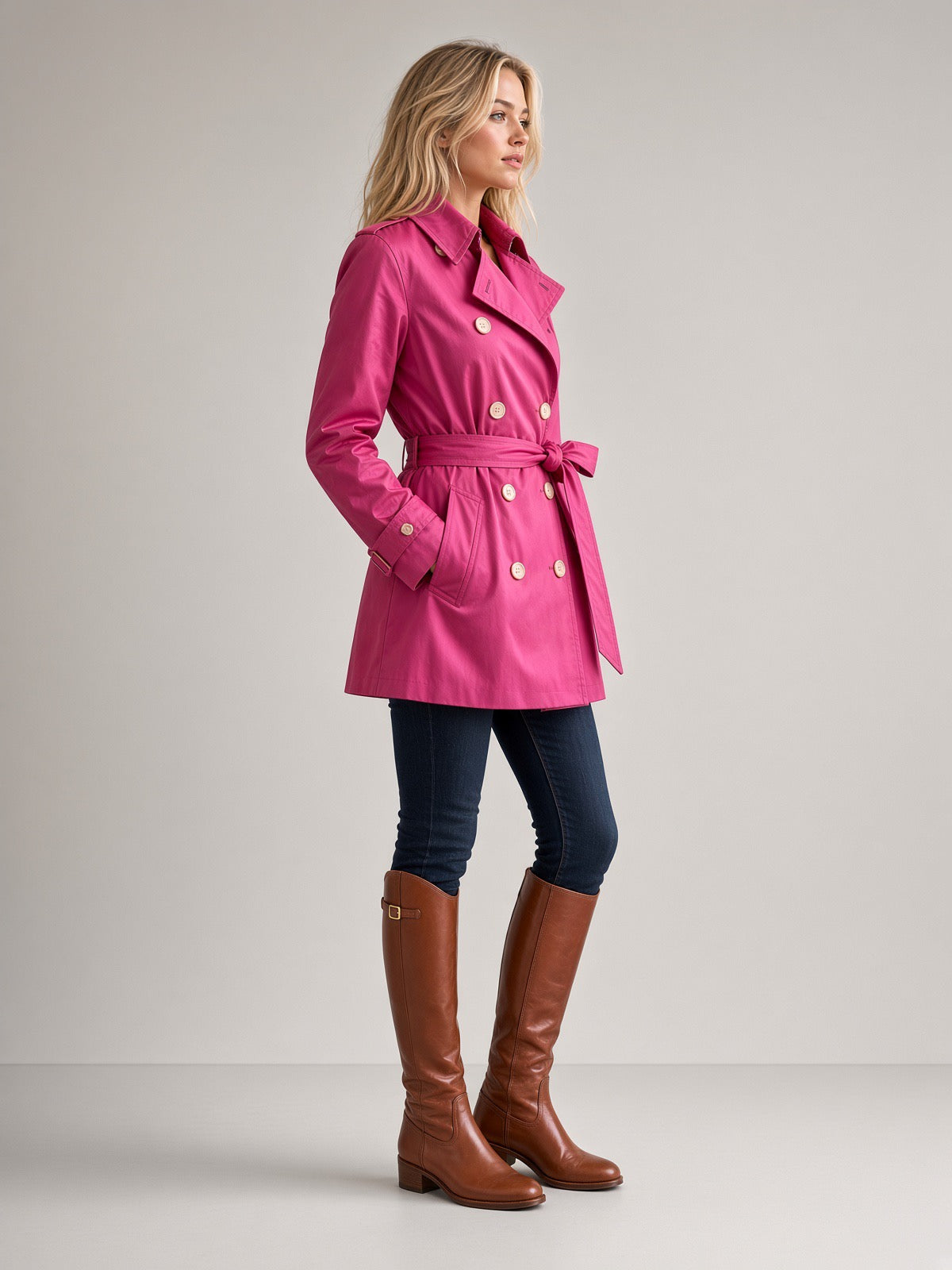 Lauren by Ralph Lauren Women’s Hot Pink Double-Breasted Trench Coat with Belt, Size M