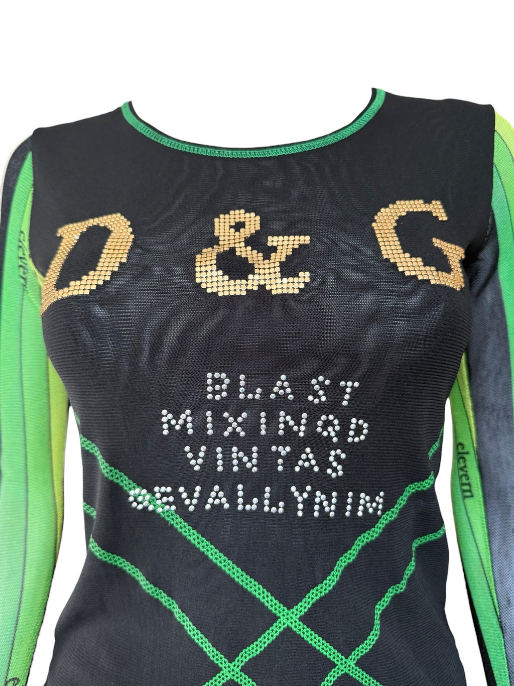 Dolce & Gabbana Black Mesh Long Sleeve Top UK Size 8/10 with Gold Studded D&G Logo and Silver Stud Text